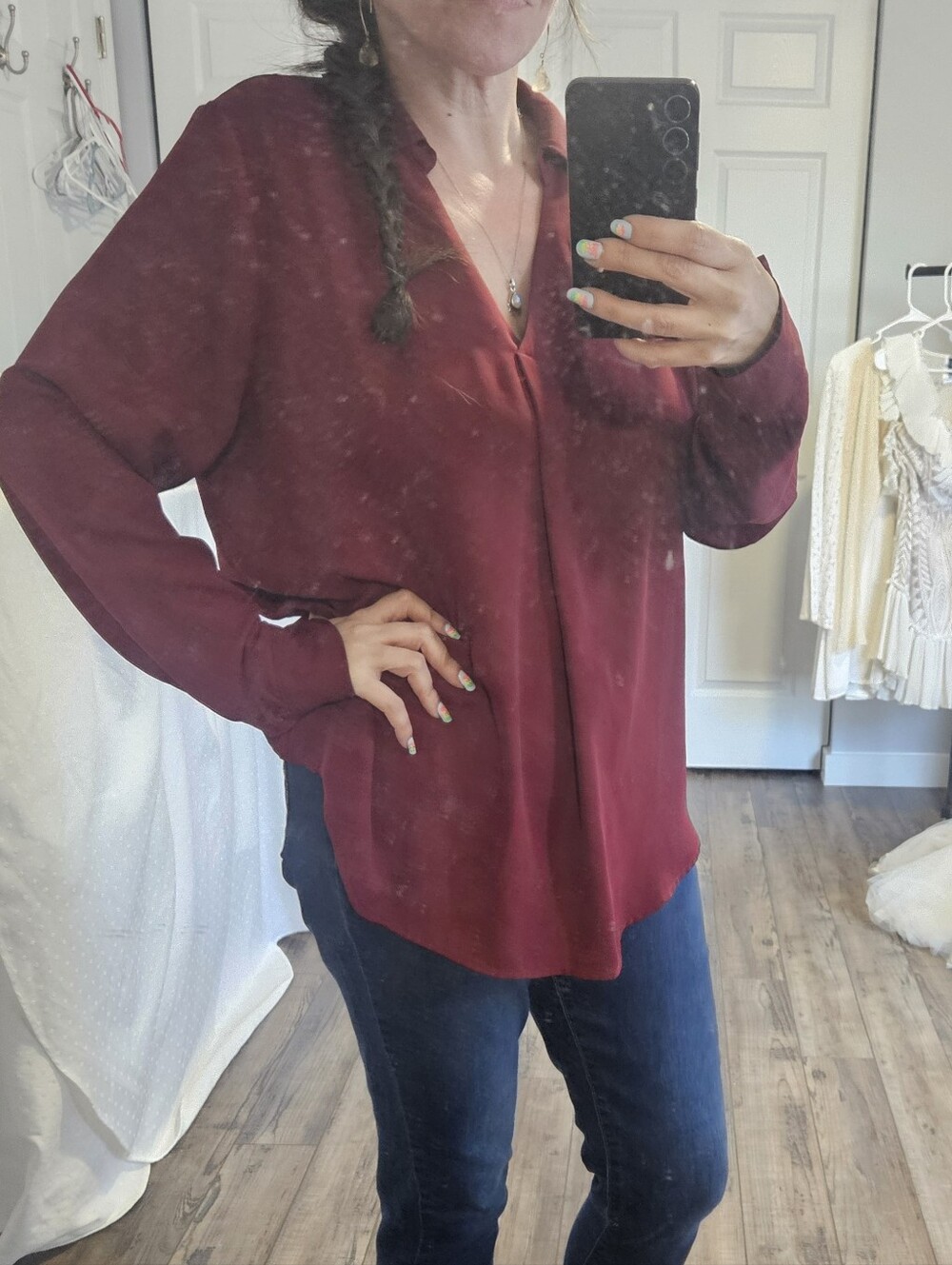 Maurices Relaxed V-Neck Long Sleeve Blouse - Wine